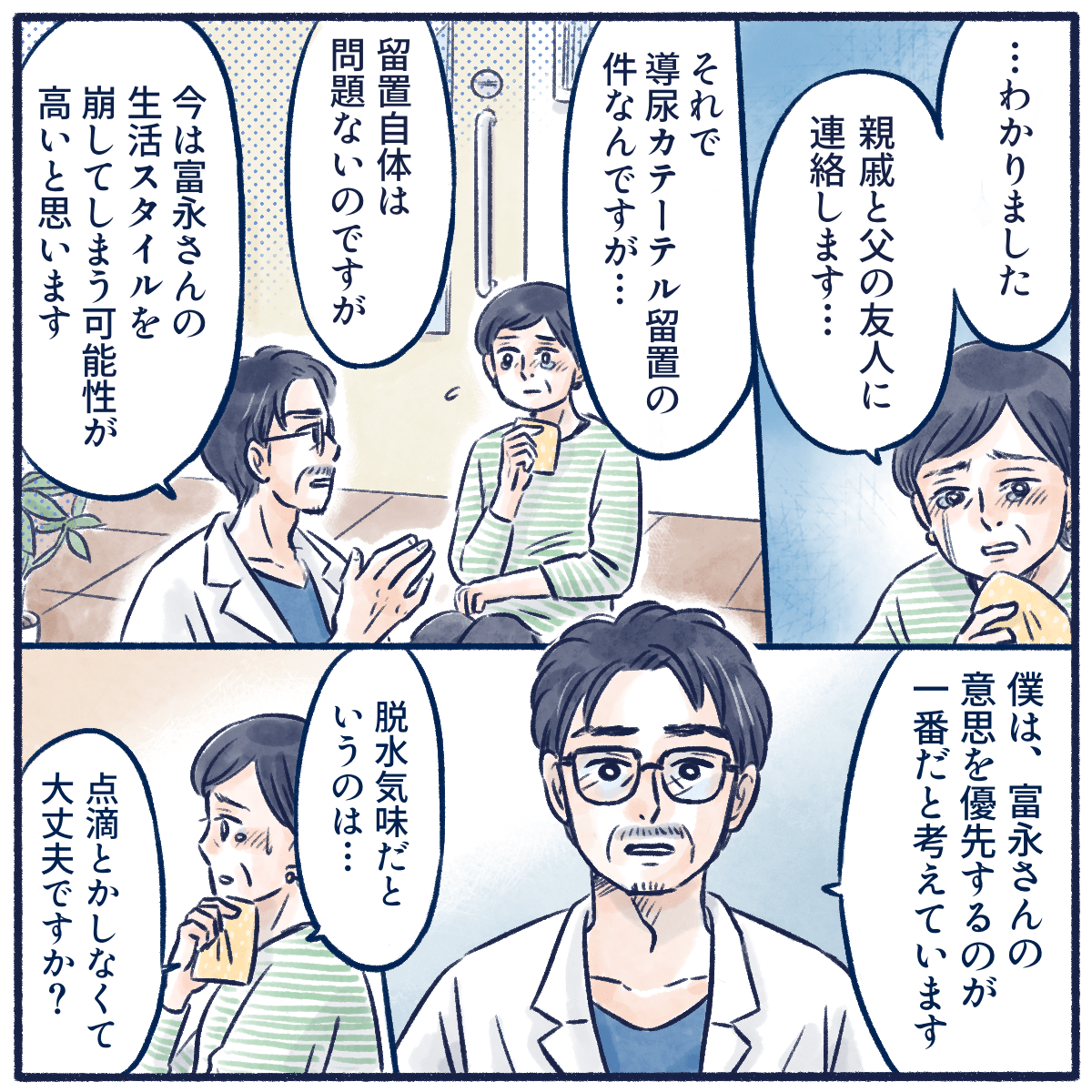 医師から家族へ患者の意思を尊重し膀胱留置カテーテルに変更はしない方が良いのではないかと提案する