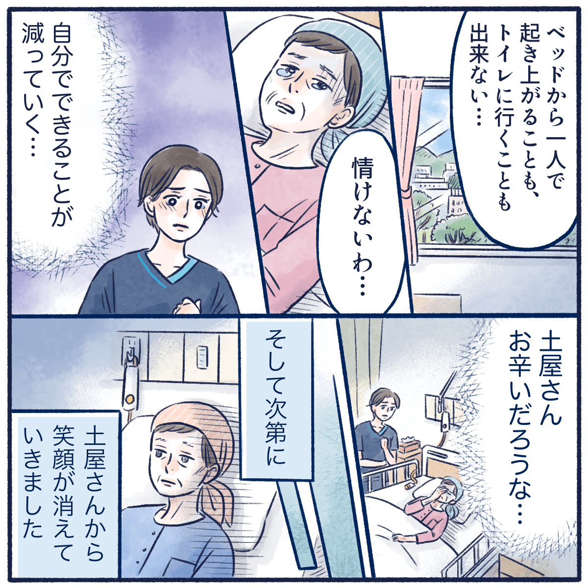 自分でトイレに行くこともできないと嘆き、徐々に患者から笑顔が消えていった