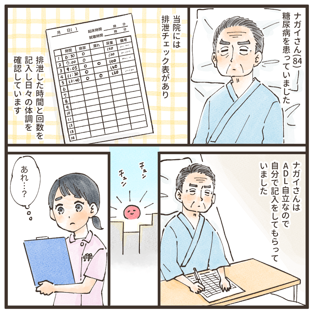 糖尿病患者で排尿量をチェックしてもらっている患者がいた