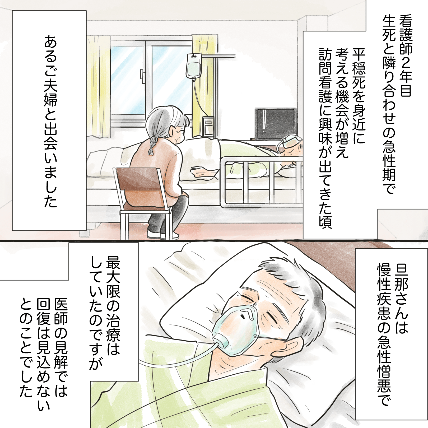 看護師2年目で、平穏な死について考え訪問看護にも興味が湧いてきていた看護師が出会った夫婦は夫が慢性疾患の急性憎悪で回復の見込みはないと言われていた