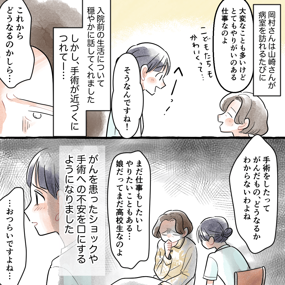 初めは入院前の生活を明るく話していた患者だったが、手術が近づくにつれて不安が顕著に表れた