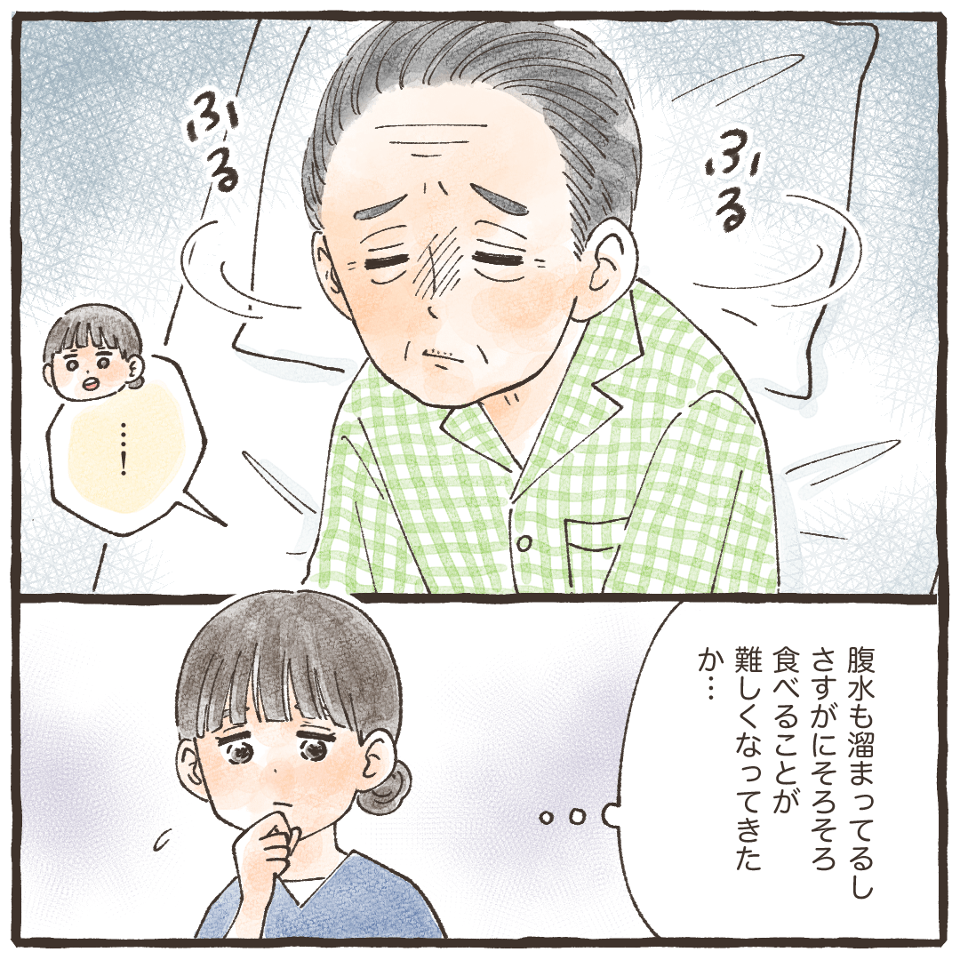 ある時、食事に付いて伺うと食べれていないとのことで落ち込んでいた。看護師は体調の悪化を考えた