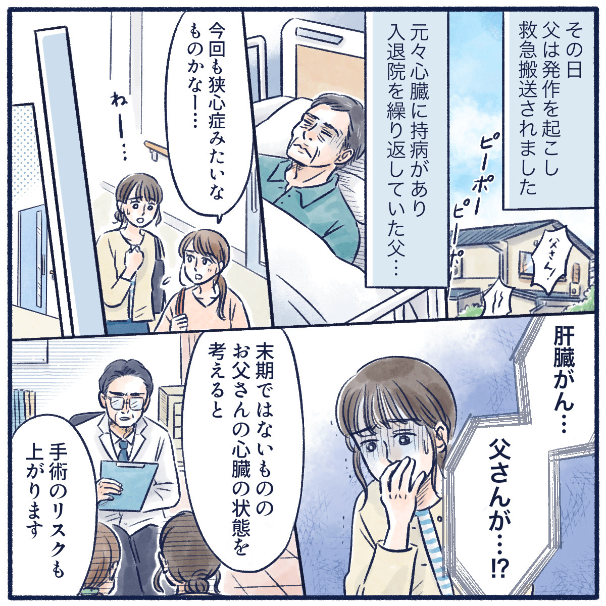 その日は父親が発作で入院しいつもの狭心症かと思っていた娘たちだったが、医師からは肝臓がんで心疾患があるため手術も難しいと説明された