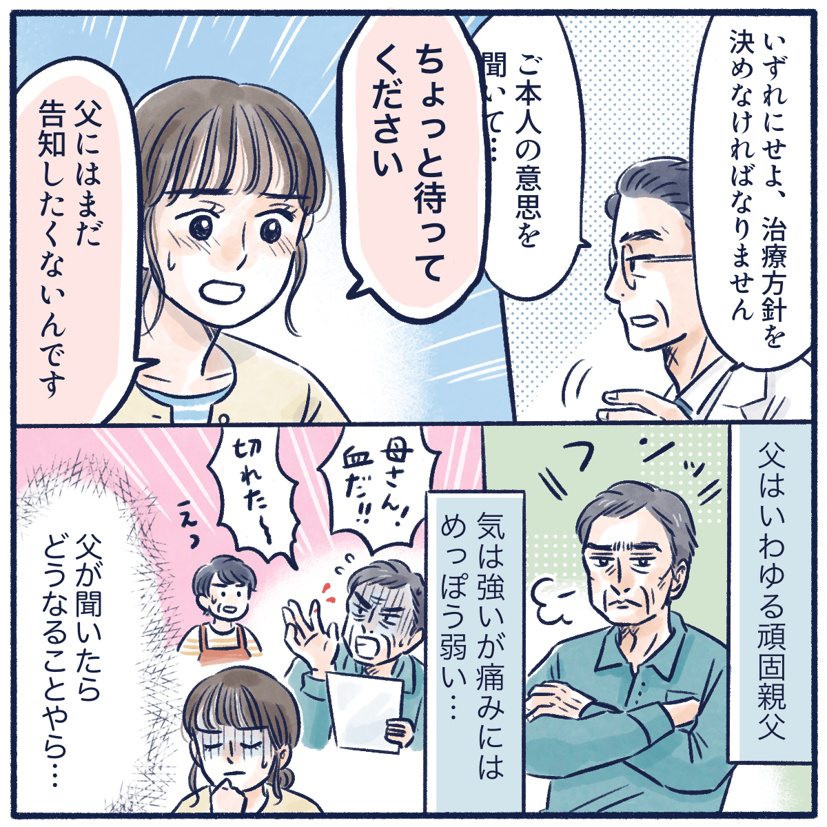娘はまだ父親に告知しないでほしいと訴えた。それは、父親が頑固ではあるが痛みにとても弱いことを知っていたからだ