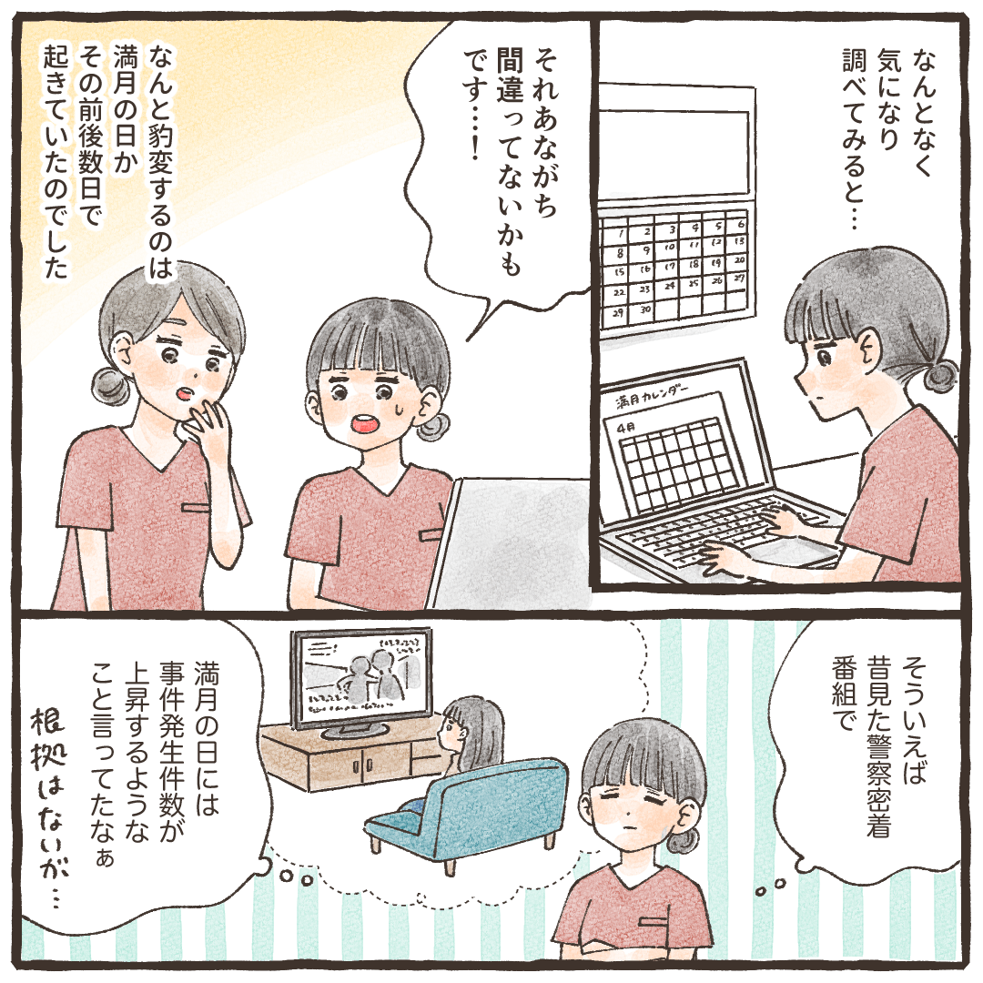 利用者さんが暴れる日を辿っていくと、なんと満月の日かその前後数日だと言うことがわかった