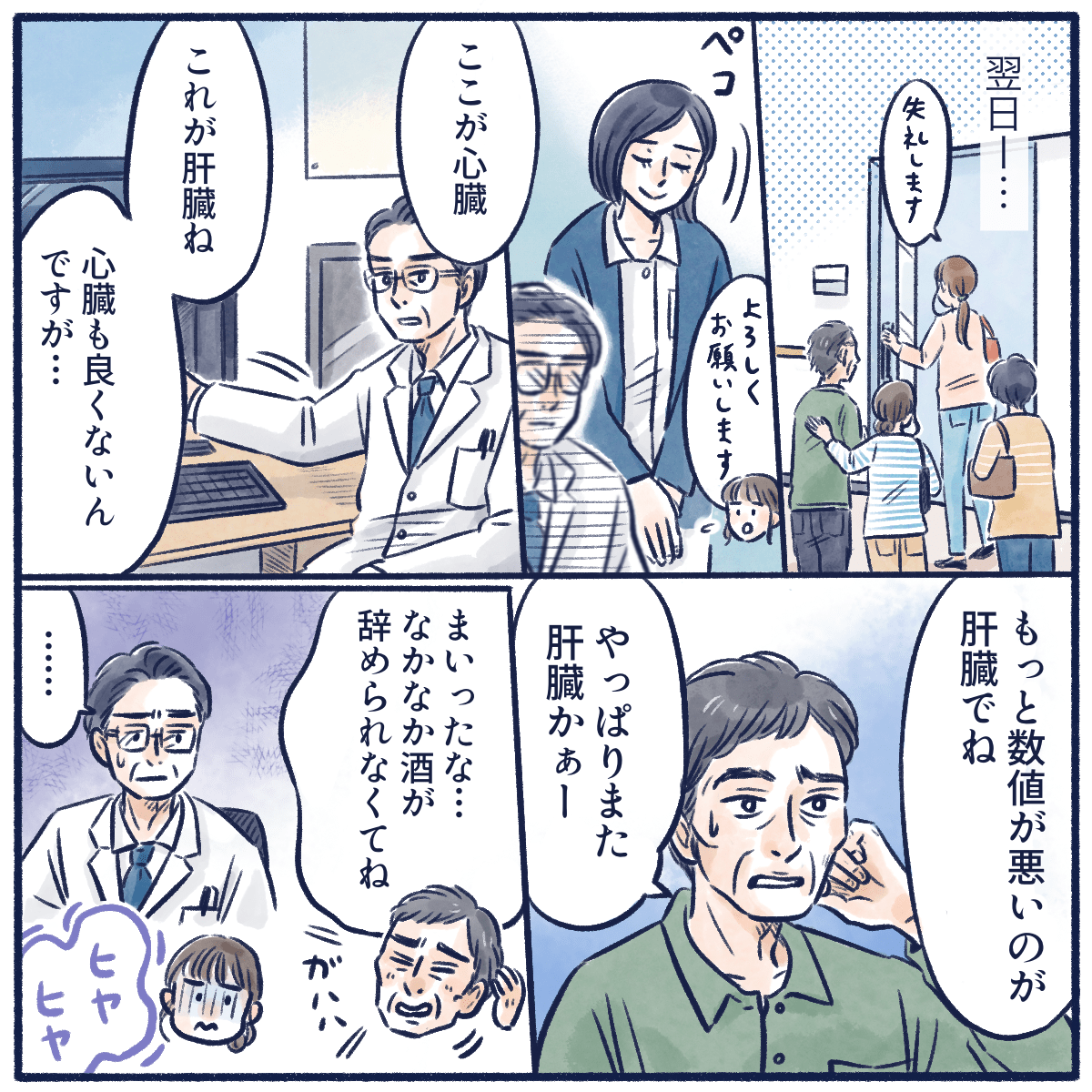 翌日、医師からの説明で心臓と肝臓の状態が良くないことを説明され、なかなかお酒を止められないことを患者は話した