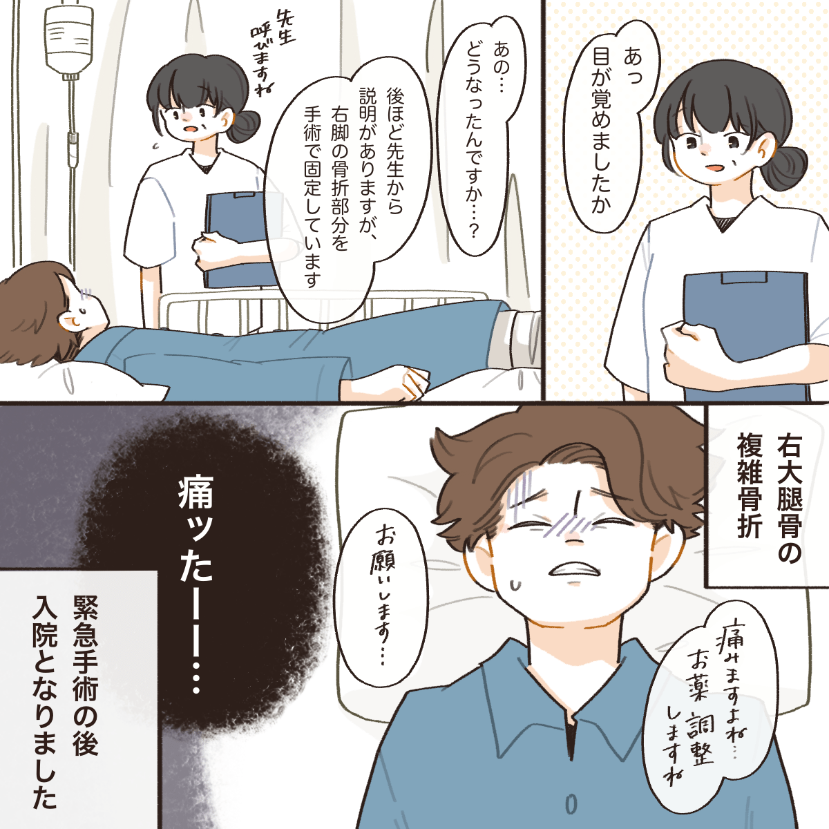 右大腿骨の粉砕骨折のため手術後に入院となっていた。そして、激痛に襲われていた
