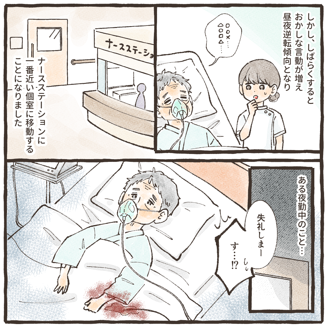 しばらくすると昼夜逆転傾向となりステーション近くの部屋に移動していたが、訪室すると点滴を自己抜去していた