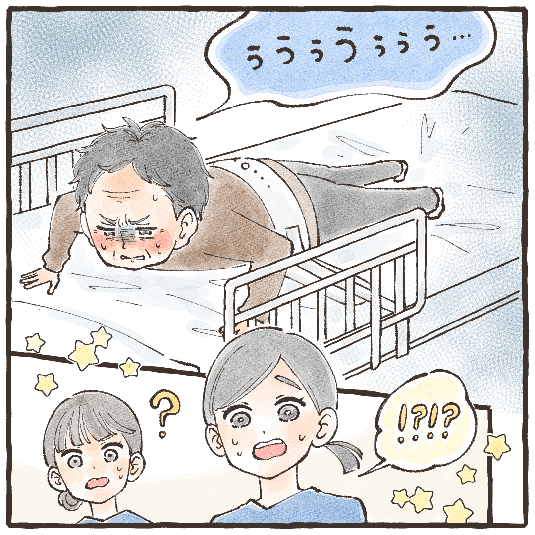 ベッドの上には抑制帯をしたまま筋トレしてる患者さんがいた