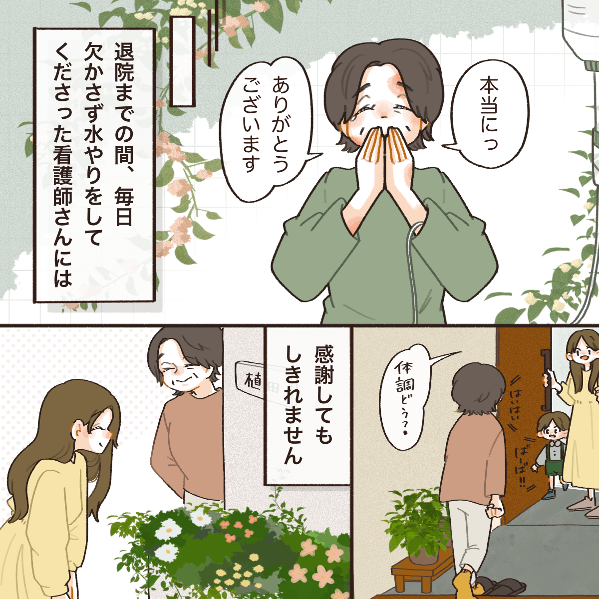 看護師は退院まで毎日欠かさず水やりをしてくれ、母は感激し忘れられない思い出となった