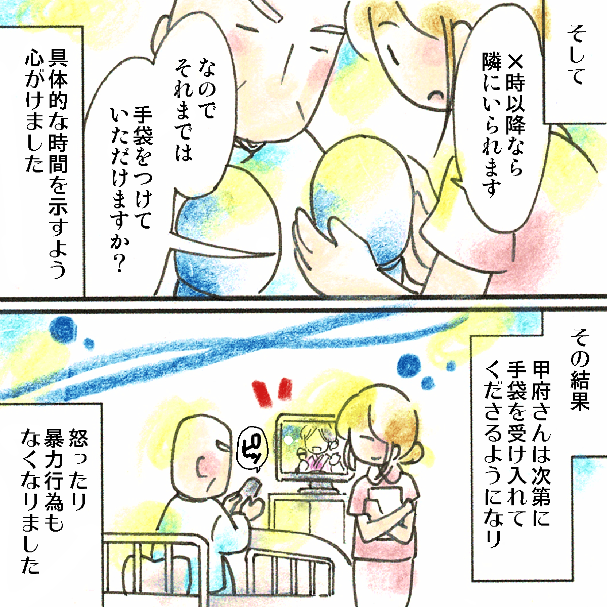 抑制する時間もしっかり伝えることで、患者はミトンを拒否し亡くなり暴力的な行為も減っていった