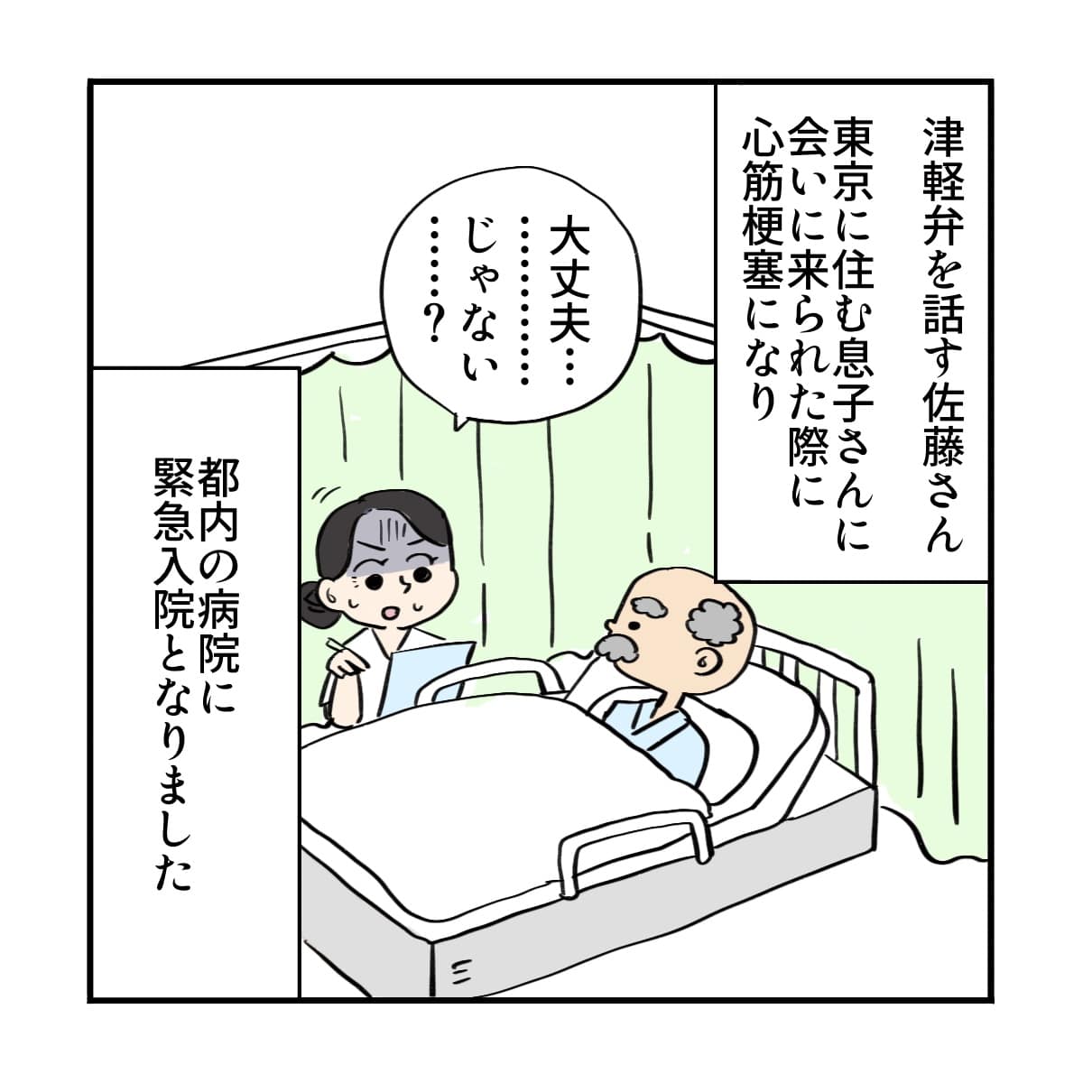 患者は息子に会いに東京に来た際に新心筋梗塞になり都内の病院に入院となった