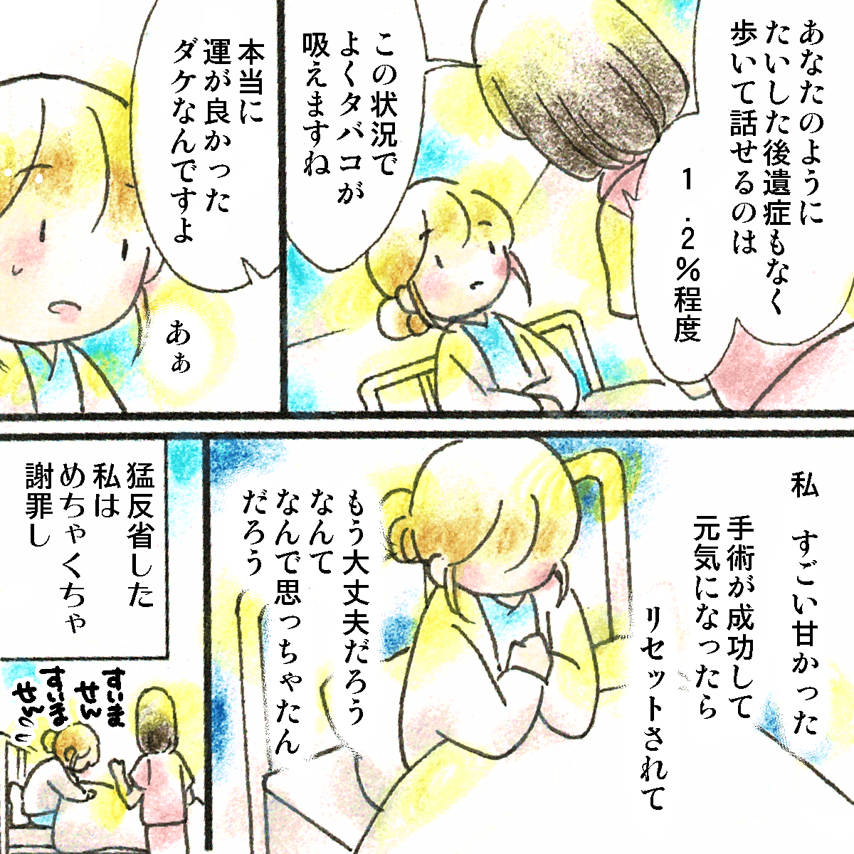 看護師は奇跡的に助かったことをはなし、私はなんて浅はかなことをしてしまったのだろうと後悔し謝罪した