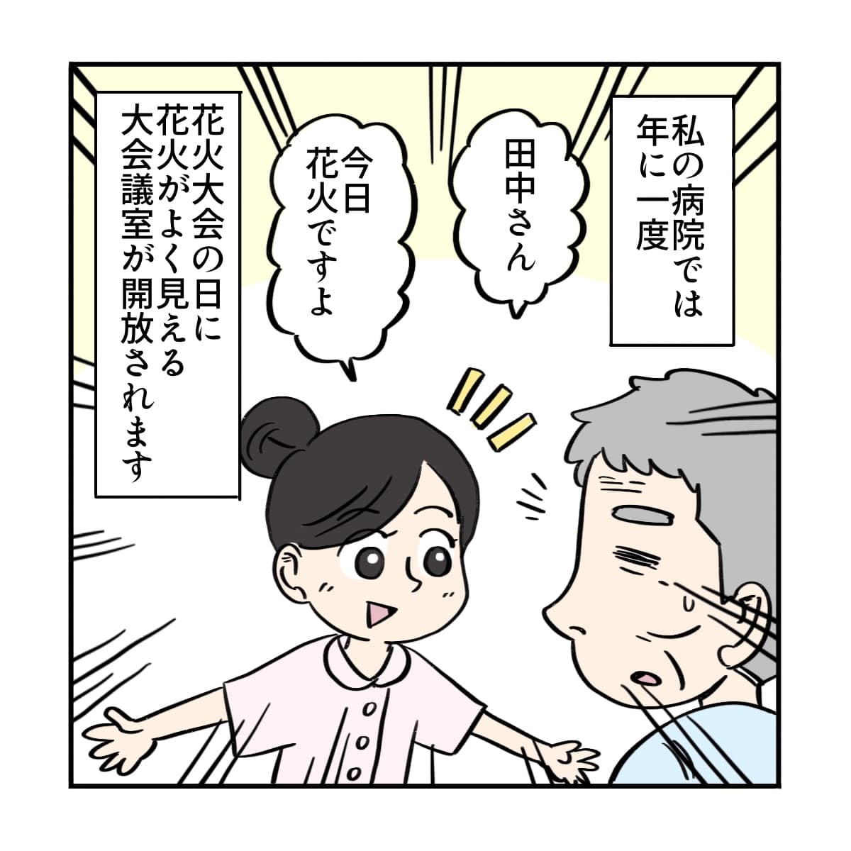 私お病院では年に1回花火を見るために会議室が解放される。看護師は患者に花火大会だと嬉しそうに声をかける