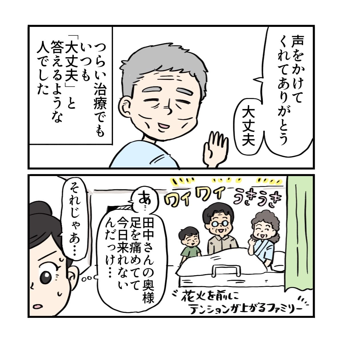 患者は末期がんで、辛い治療にも大丈夫と答える人だった。花火も大丈夫とはなし、妻は足を怪我して面会に来れない状況だった