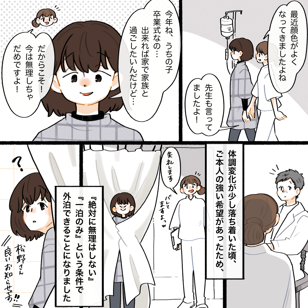 患者と看護師がある気ながら話していると、患者の子供の話になった。そして卒業式を控えていることを話してくれ、医師に許可を求めると、無理をしないで外出するように説明されみんなホッとした