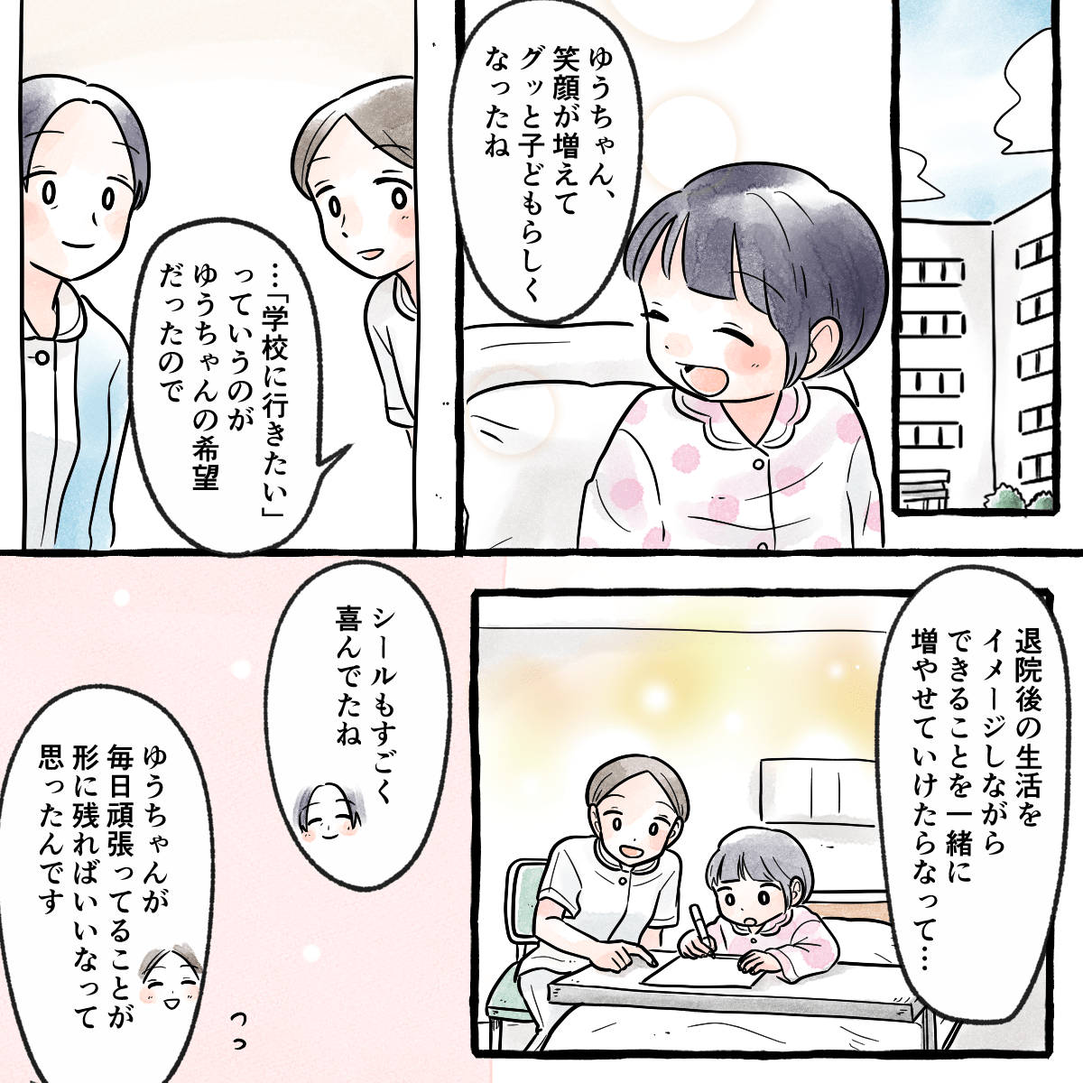 患児の笑顔が増え、学校に行きたいと退院後のイメージをしながら関わることが出来た