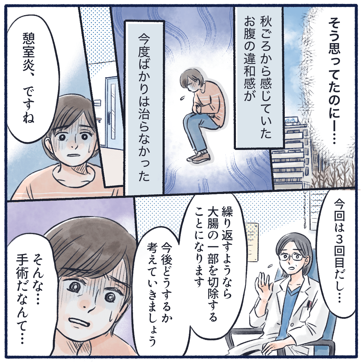 ずっとだましだましやってきた腹痛が本格的になり憩室炎で手術の必要があるかもと告げられた