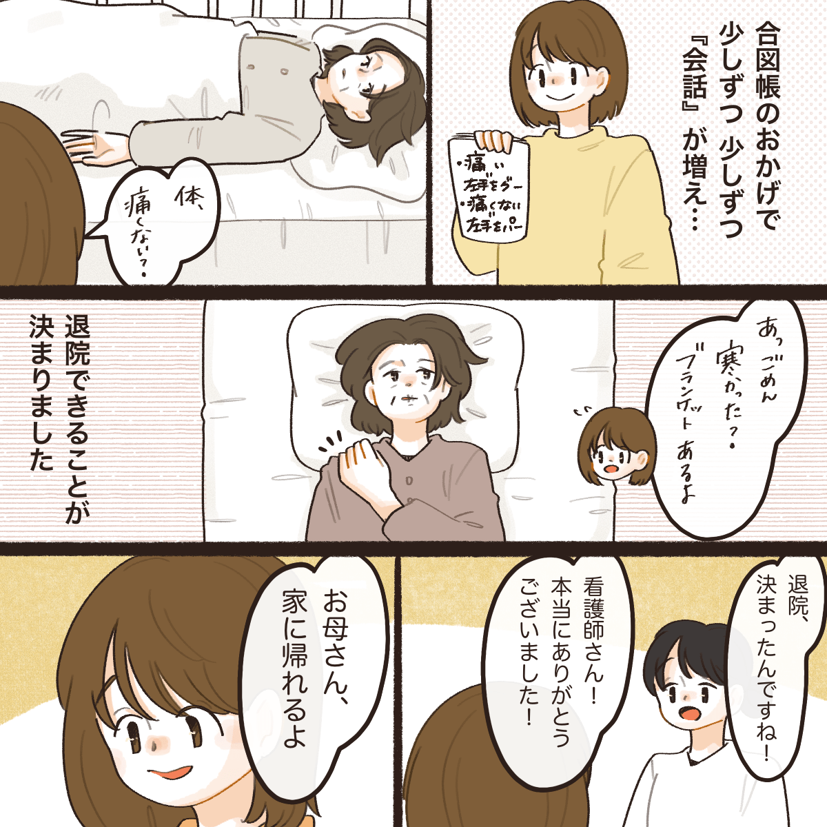 合図帳のお陰で、母との会話も少しずつできるようになり、ついに退院となりました