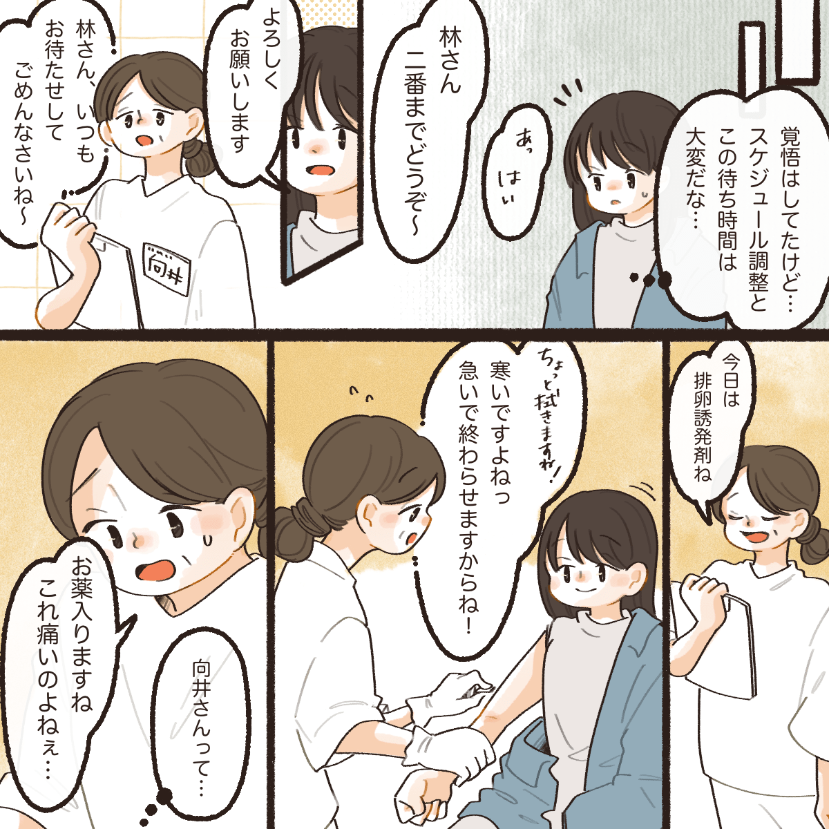 スケジュール調整や待ち時間に不安を感じていた。看護師が排卵誘発剤の注射をする