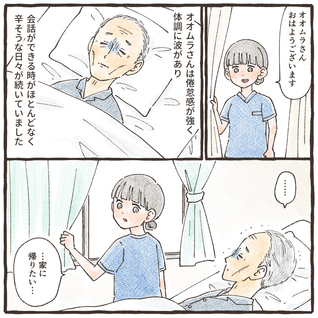 ある患者は体調に波があり話ができない状態のことがほとんどだった。看護師が訪室すると家に帰りたいと辛そうに話される