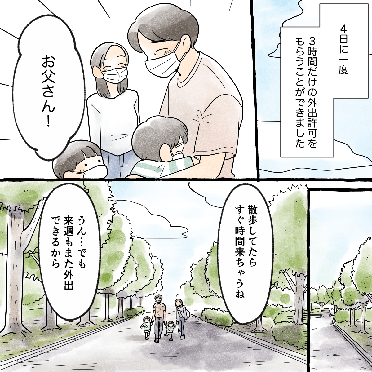 4日に1度のペースで1時間だけの外出が許可され、家族と過ごした