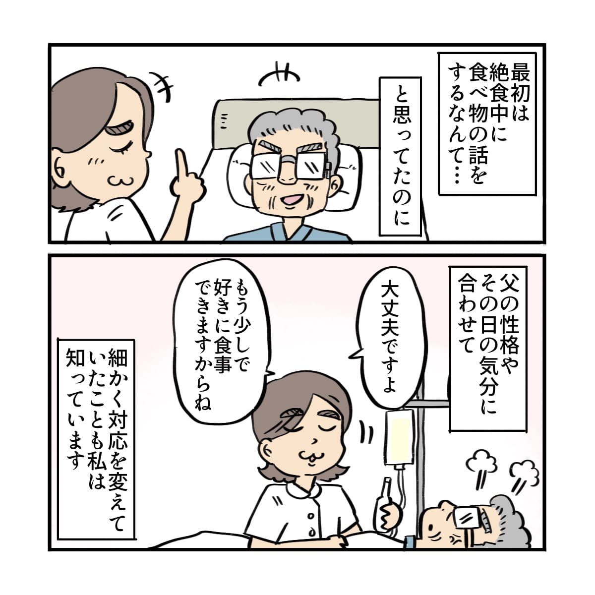 初めは絶食中に食事の話なんてと思っていたが、状況に応じて対応を変えながら看護師が話してくれていることにも気づいた