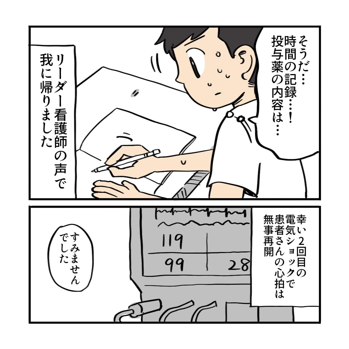 看護師は我に返り記録を始め、患者さんも2回目のＤＣで回復した