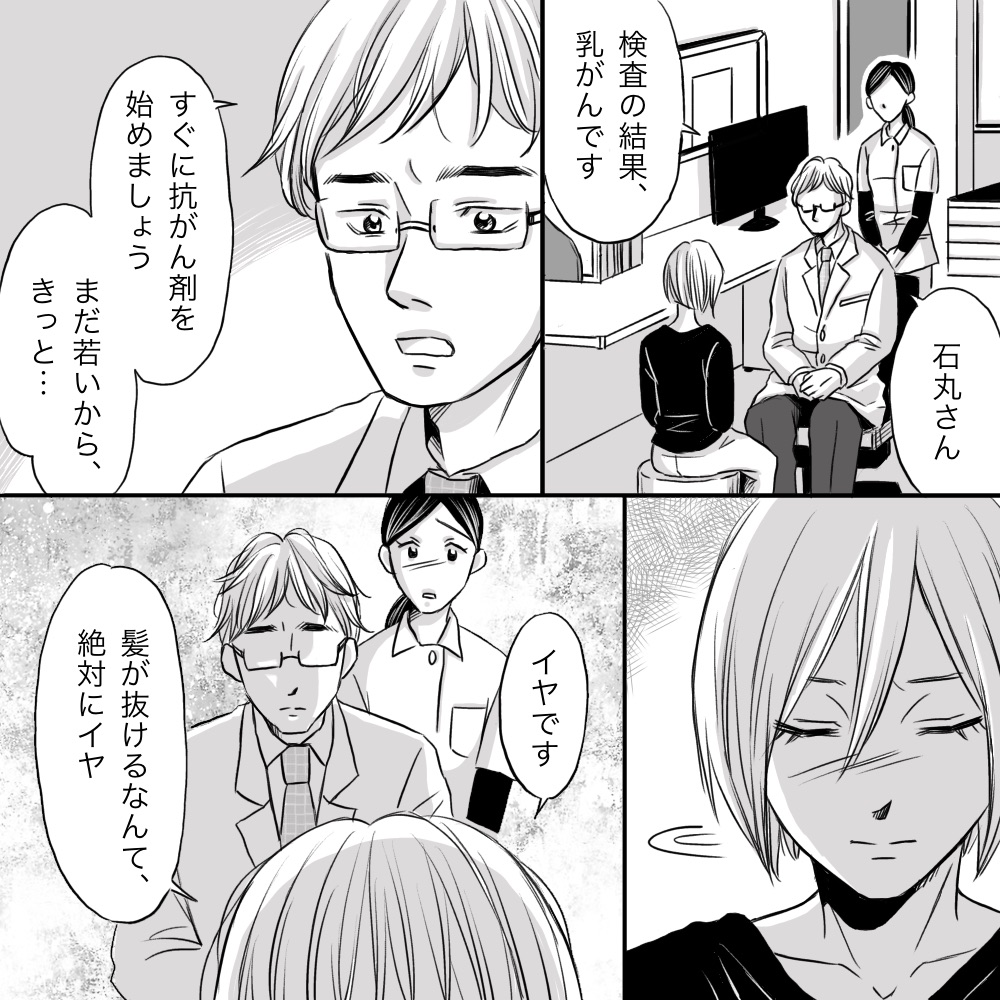 乳がんの診断ですぐに抗がん剤治療を始めようと医師から説明をうける患者だが、髪が抜けるため拒否された