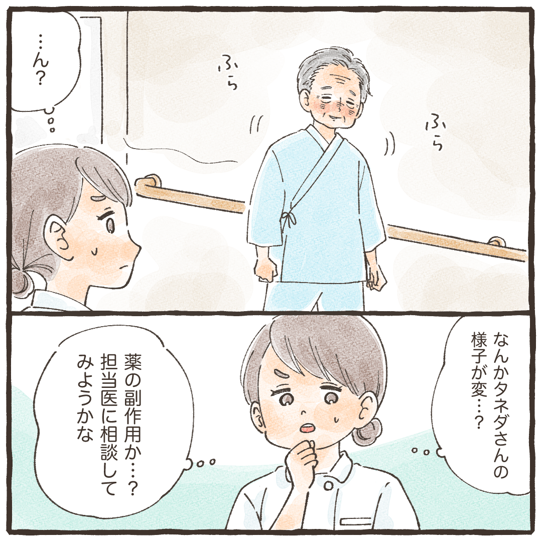ふらふらと歩行している姿があり、看護師は薬の副作用などかと考え、医師に相談しようと考える