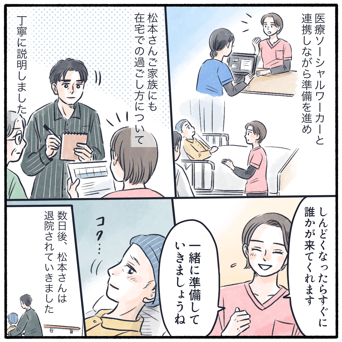 医療ソーシャルワーカーと連携し、夫にも協力してもらい退院調整し、なんとか数日後に退院された