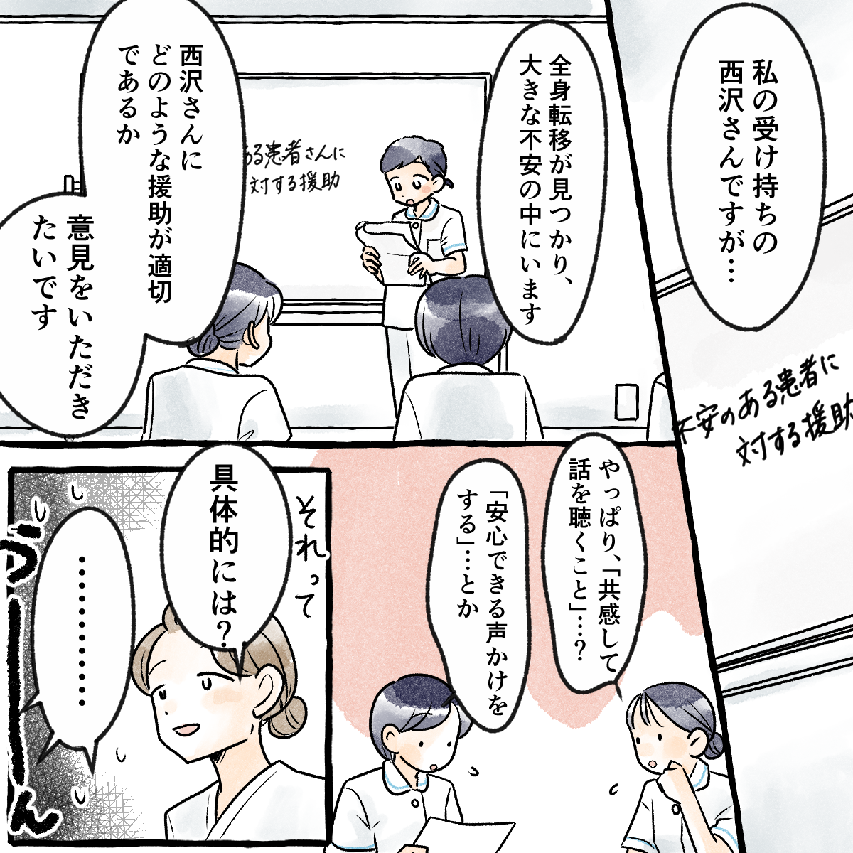 学生は患者さんへの援助についてカンファレンスで意見を求めた