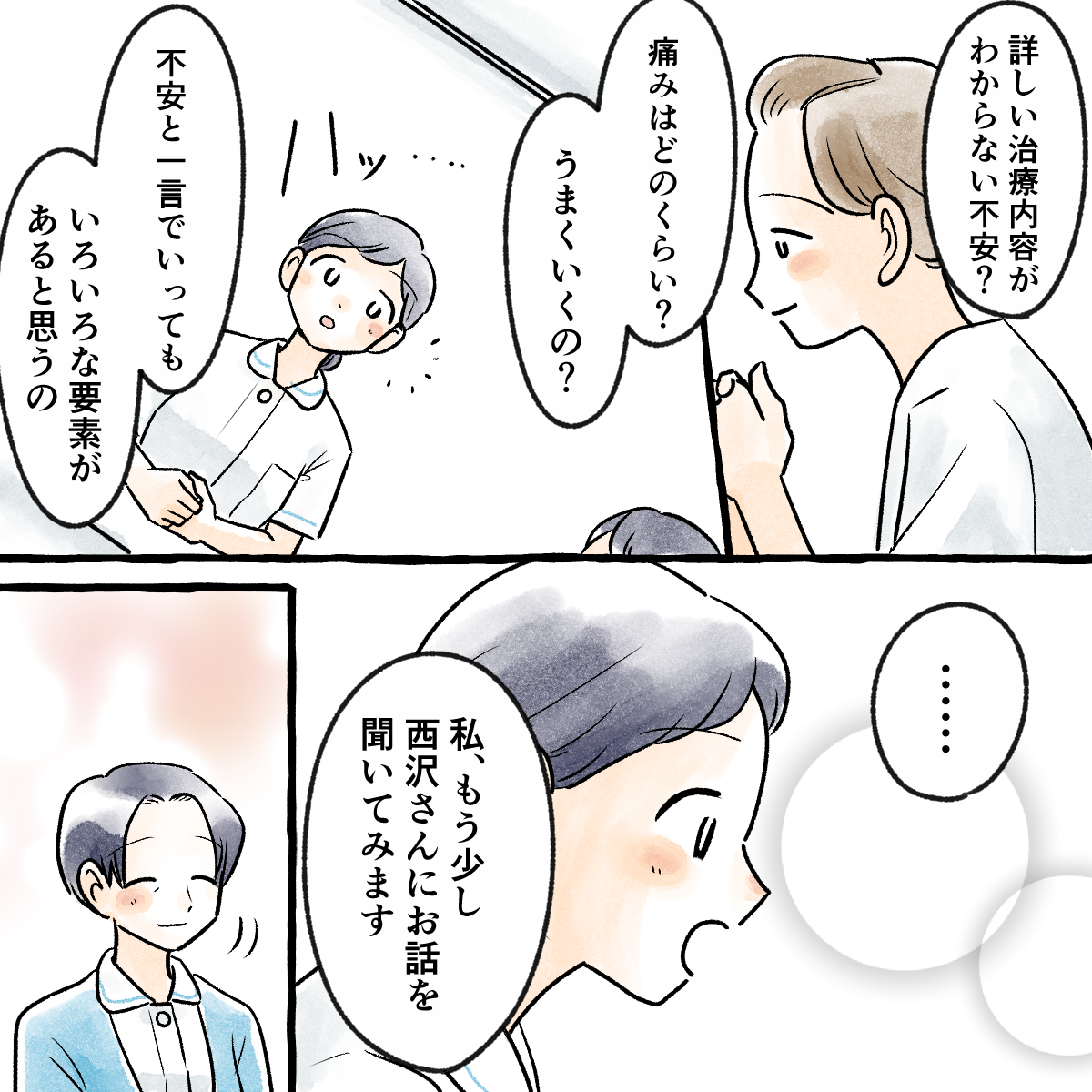 不安の中にもいろいろな不安があることを指導してもらい、学生は改めて患者さんと話をしてみようと思う