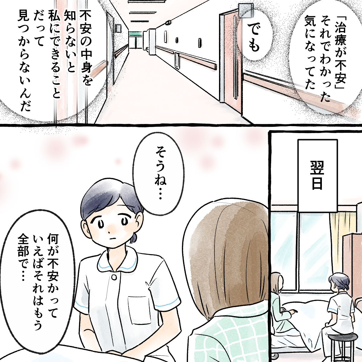 不安の中身を知らなければ何もできないと考え、翌日患者に不安の中身を聞いてみた