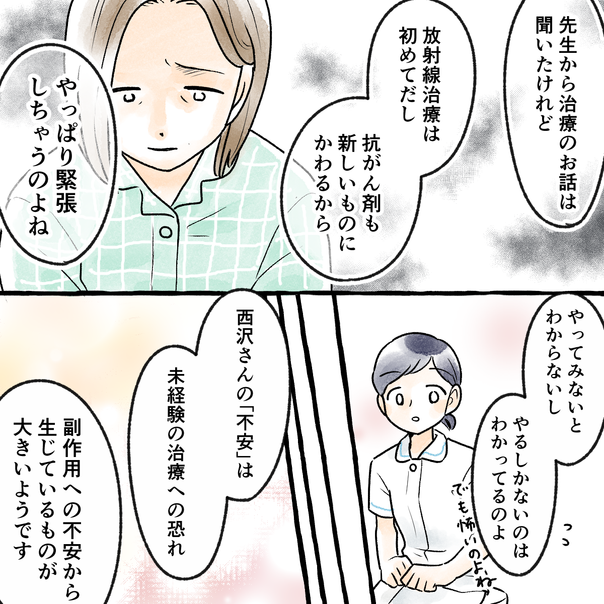 患者からは新しい抗がん剤や放射線療法についての不安を聞き出せ、未経験のことに不安があるようだと分かった