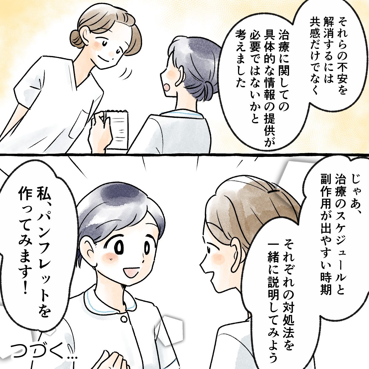 具体的な情報提供が必要だと指導者に伝え、指導者からもこれからの治療について詳しく説明していくことを提案され、学生はパンフレットを作ることにした