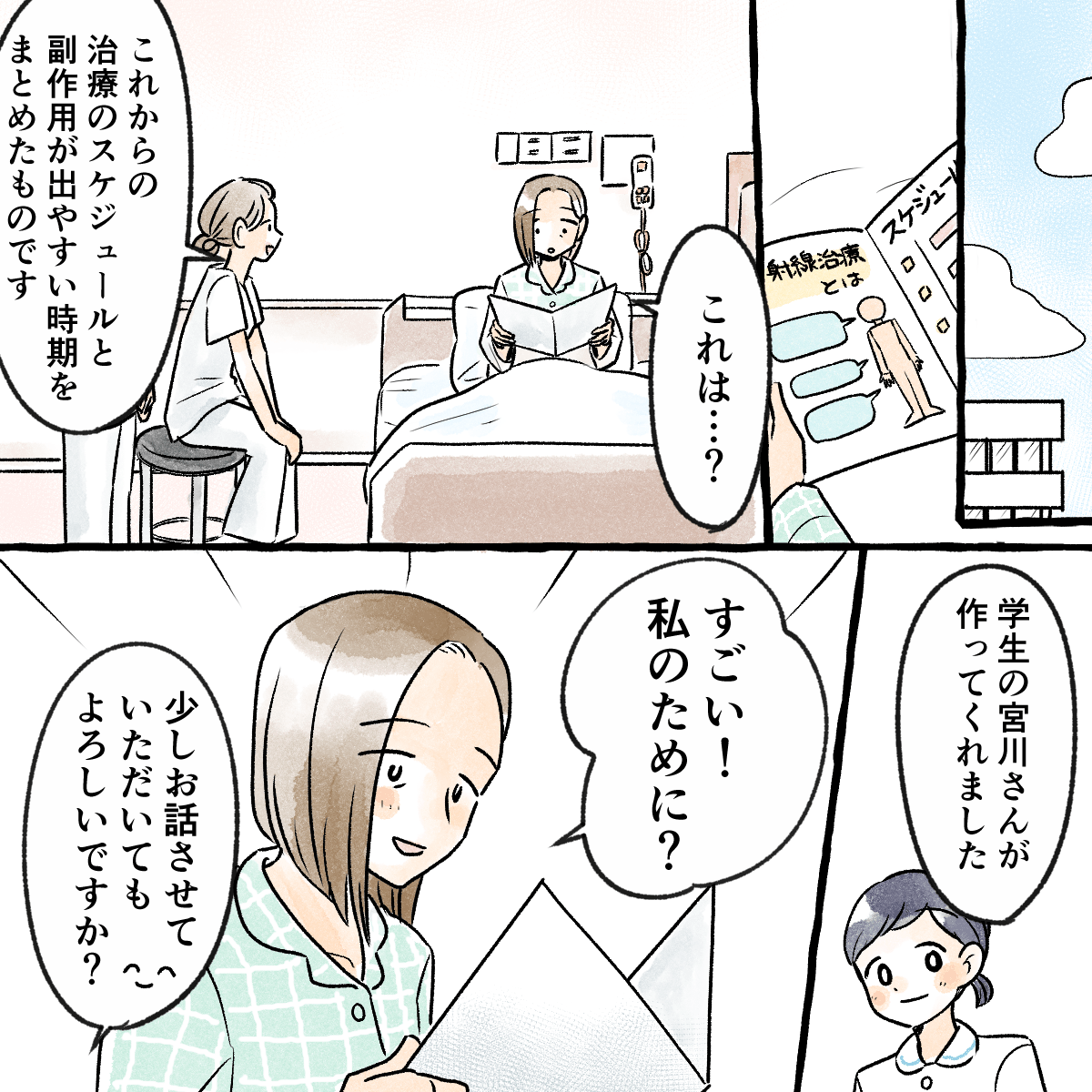 学生が作った今後の治療計画や副作用の時期などが書かれたパンフレットを患者が読む