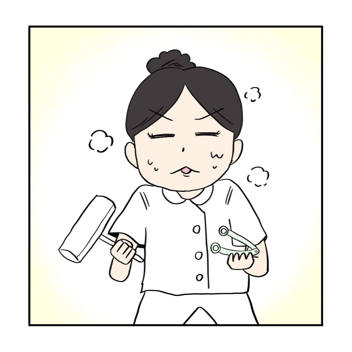 新人看護師の手にはミルキングローラーと掃除用のコロコロ