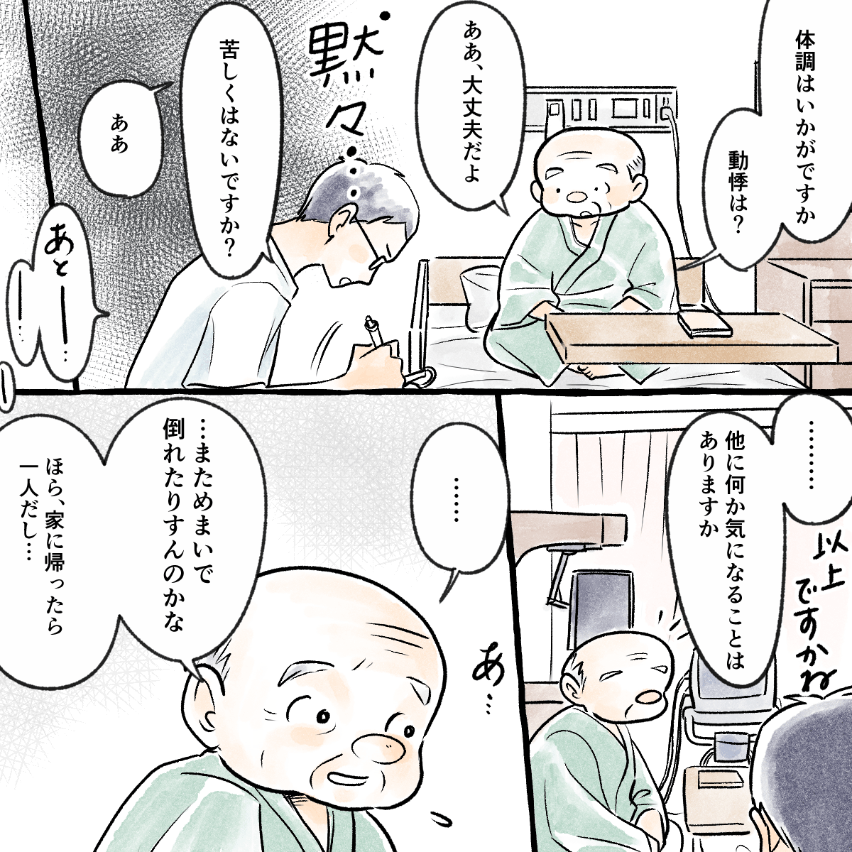 学生は様々な質問をして答えてくれたことを黙々とメモした。最後に患者から自宅での不安を話してもらった