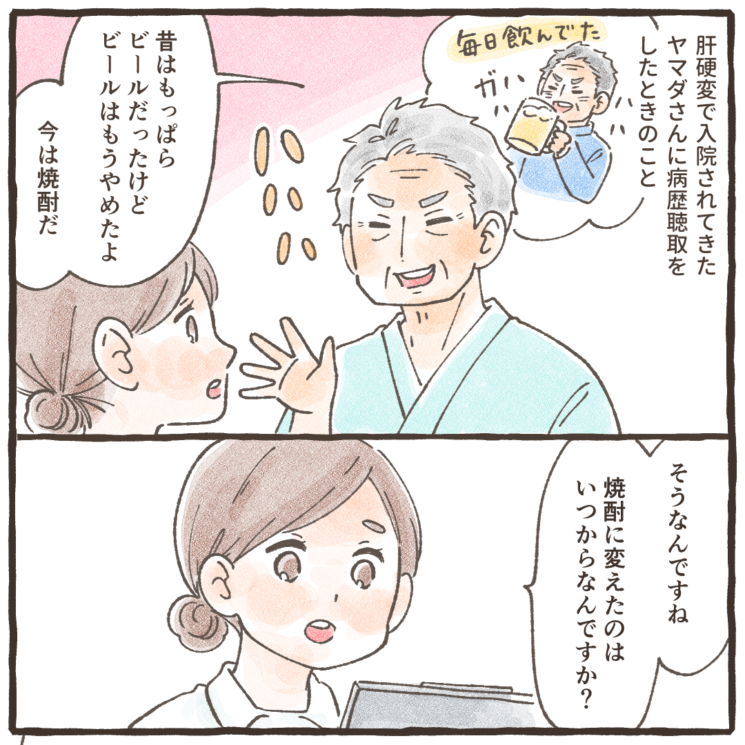 肝硬変で入院してきた男性患者に、病歴を聴取していると以前はビールを飲んでいたが今は焼酎に変えたと話していた