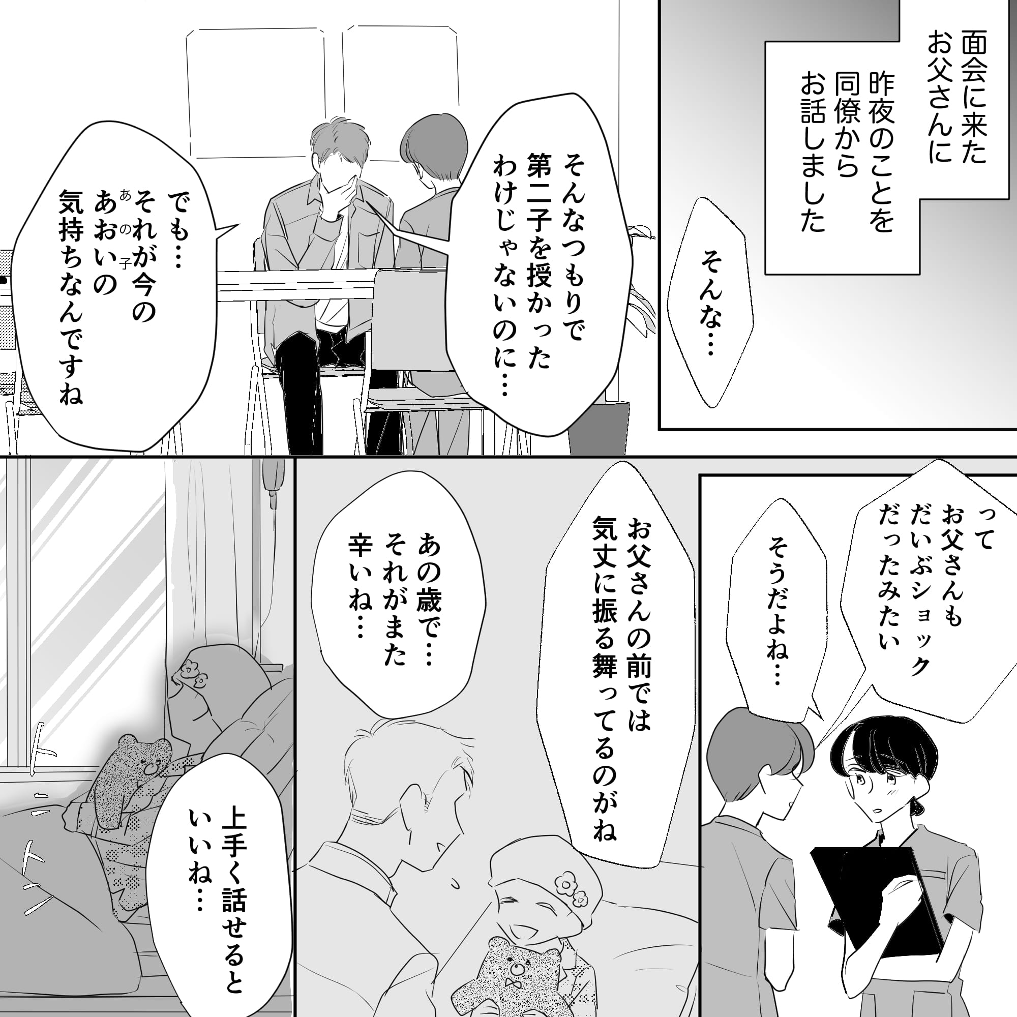 面会に来た父親に患児の話していたことを伝えると父親はショックを受けていた。看護師間でもどうしたら良いだろうと話した