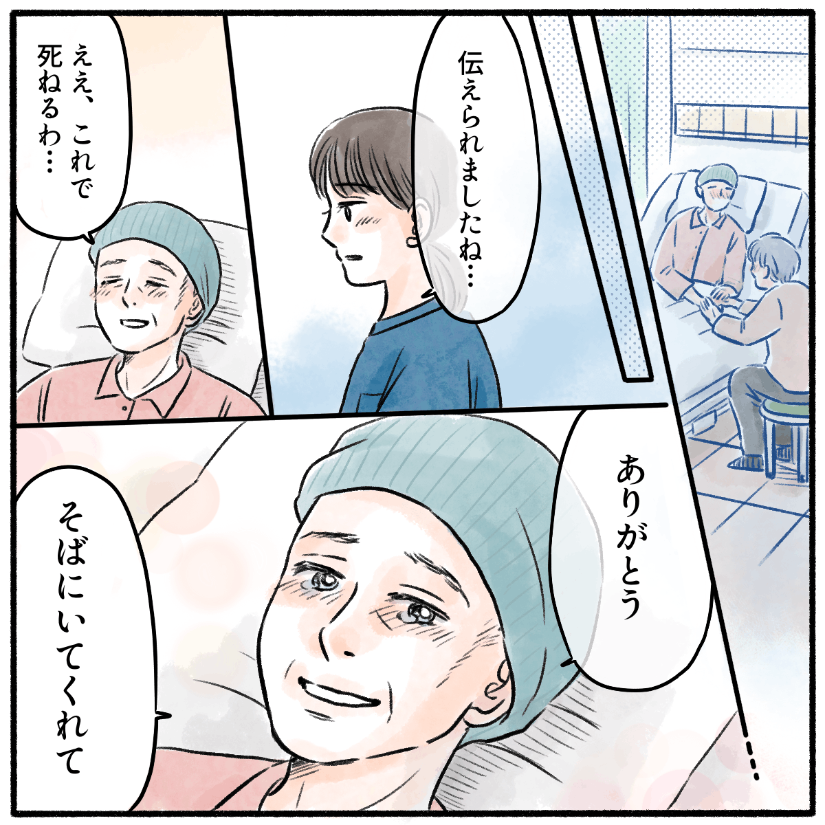 後日患者は母親に会った。その後、母親に話せ悔いはないと患者は看護師に感謝を伝えた。