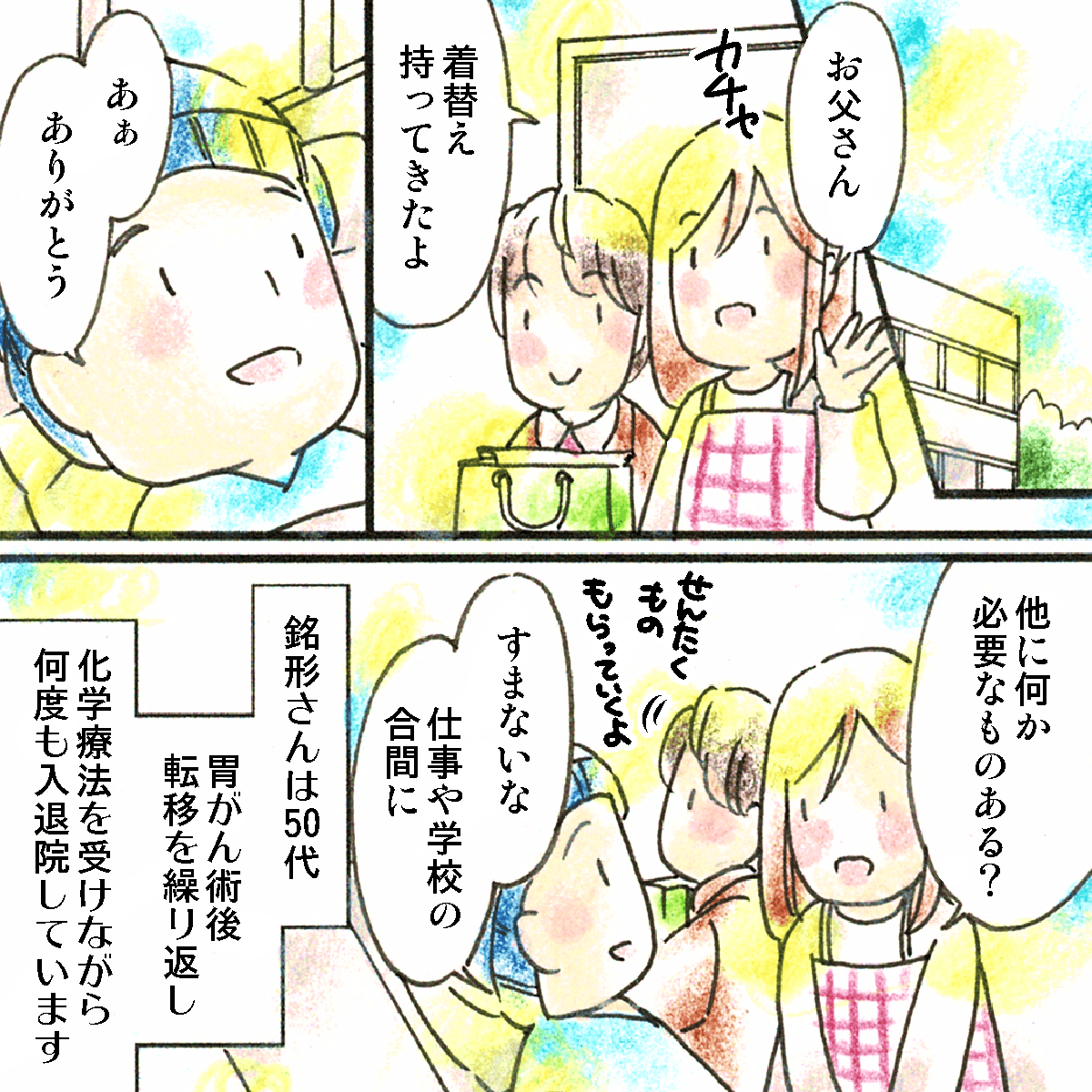 ある男性患者は胃がんの術後転移を繰り返し入退院を繰り返していた。家族は献身的に看病していた