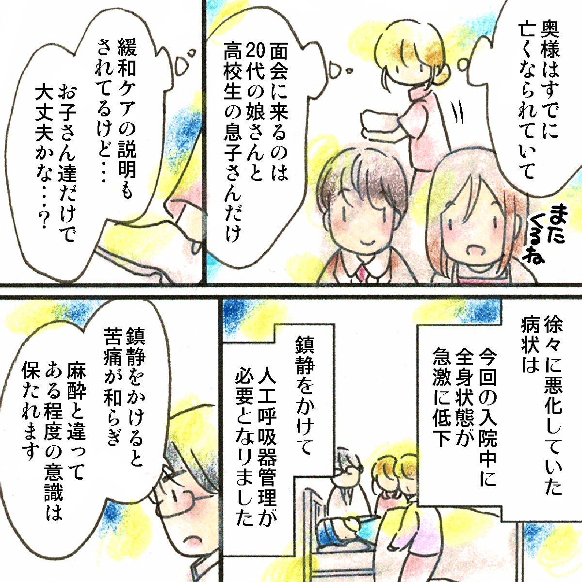 患者の妻は亡くなっており、若い娘と息子のみ。今回の入院で症状が悪化し、鎮静剤の使用について医師から説明があった