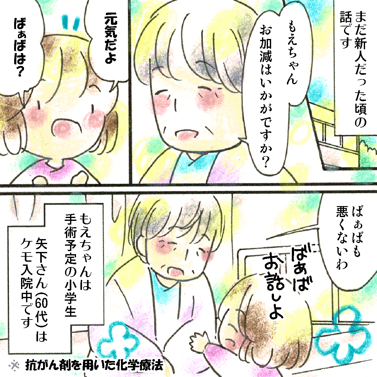 抗がん剤治療で入院している高齢女性になついている手術予定の小学生