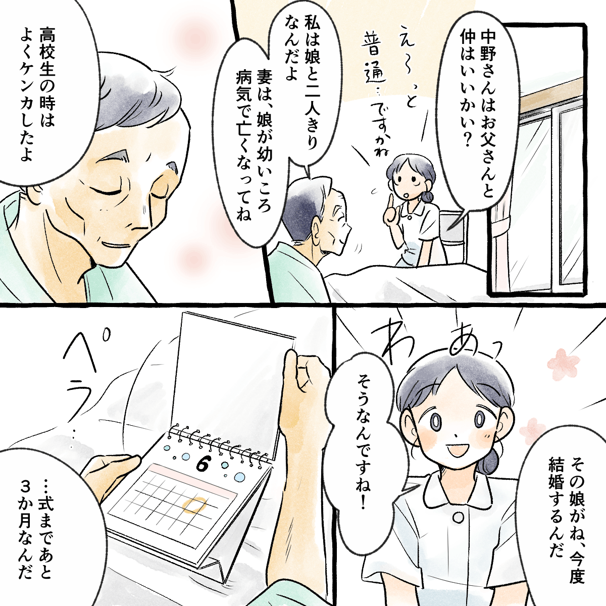 学生が患者と話していると、娘が3ヶ月後に結婚する話をしてくれた
