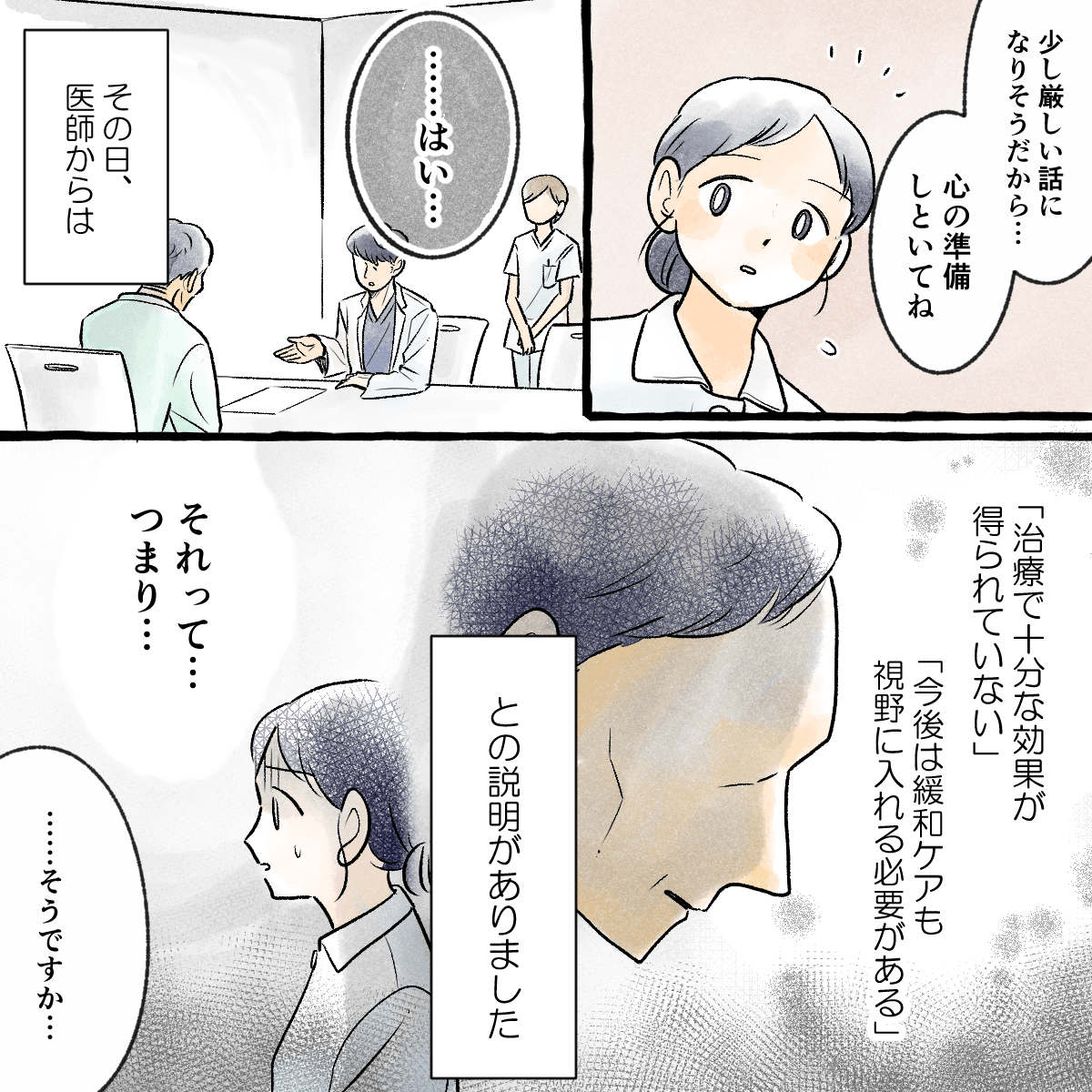 患者は医師からのICで今後は緩和ケアを視野に入れる必要があると話された