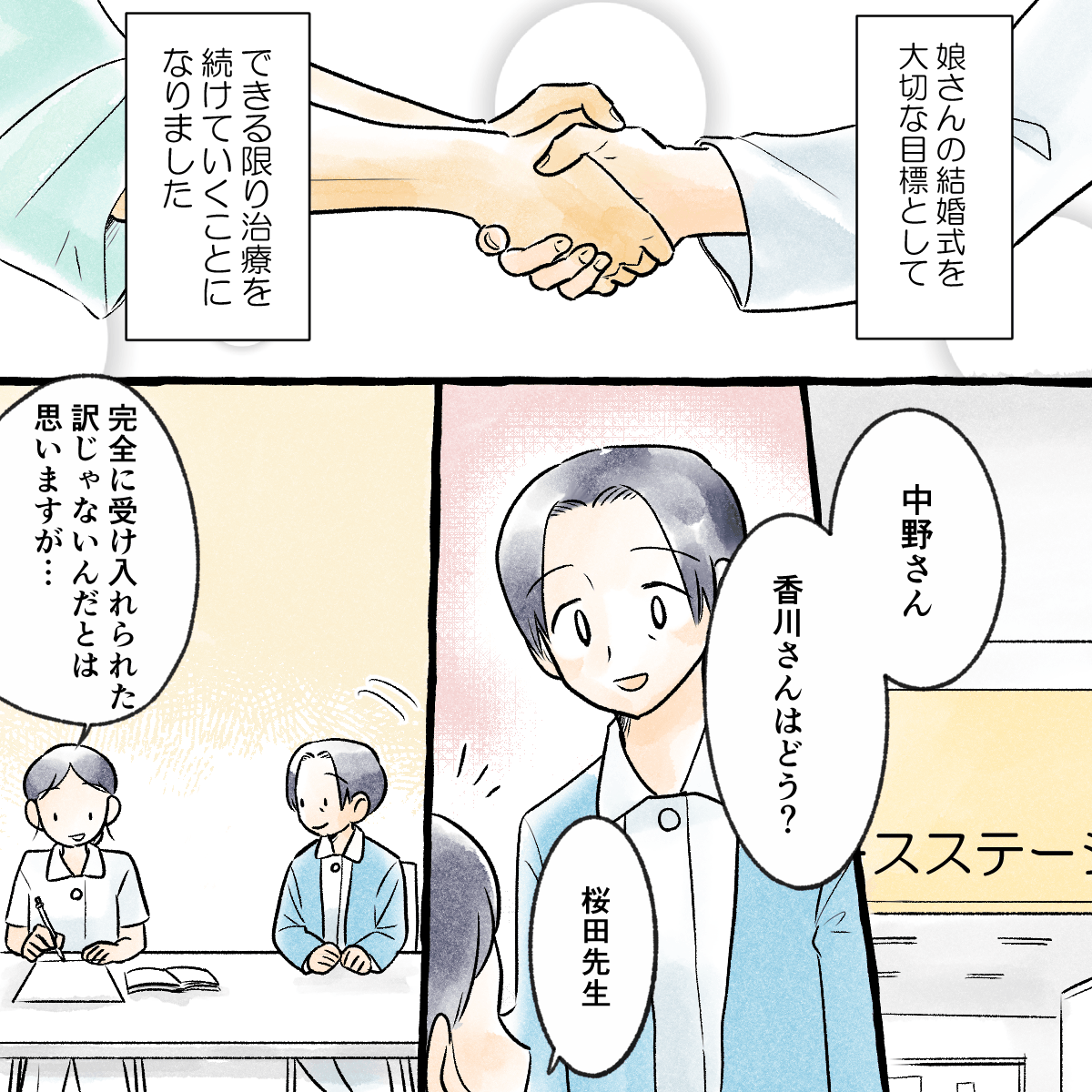 患者と医師は娘の結婚式までは諦めず治療していくことで合意した。教員が学生に声をかけると、学生は今の患者との関係性を話す