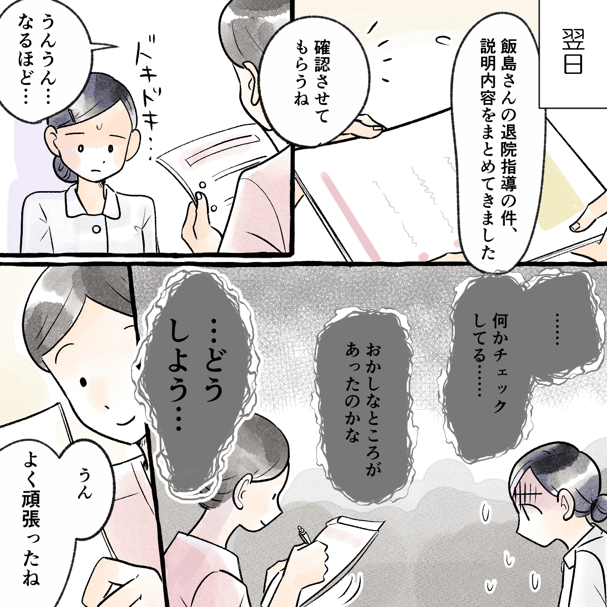 翌日、学生が退院指導の計画書を作成し指導者に見てもらうと