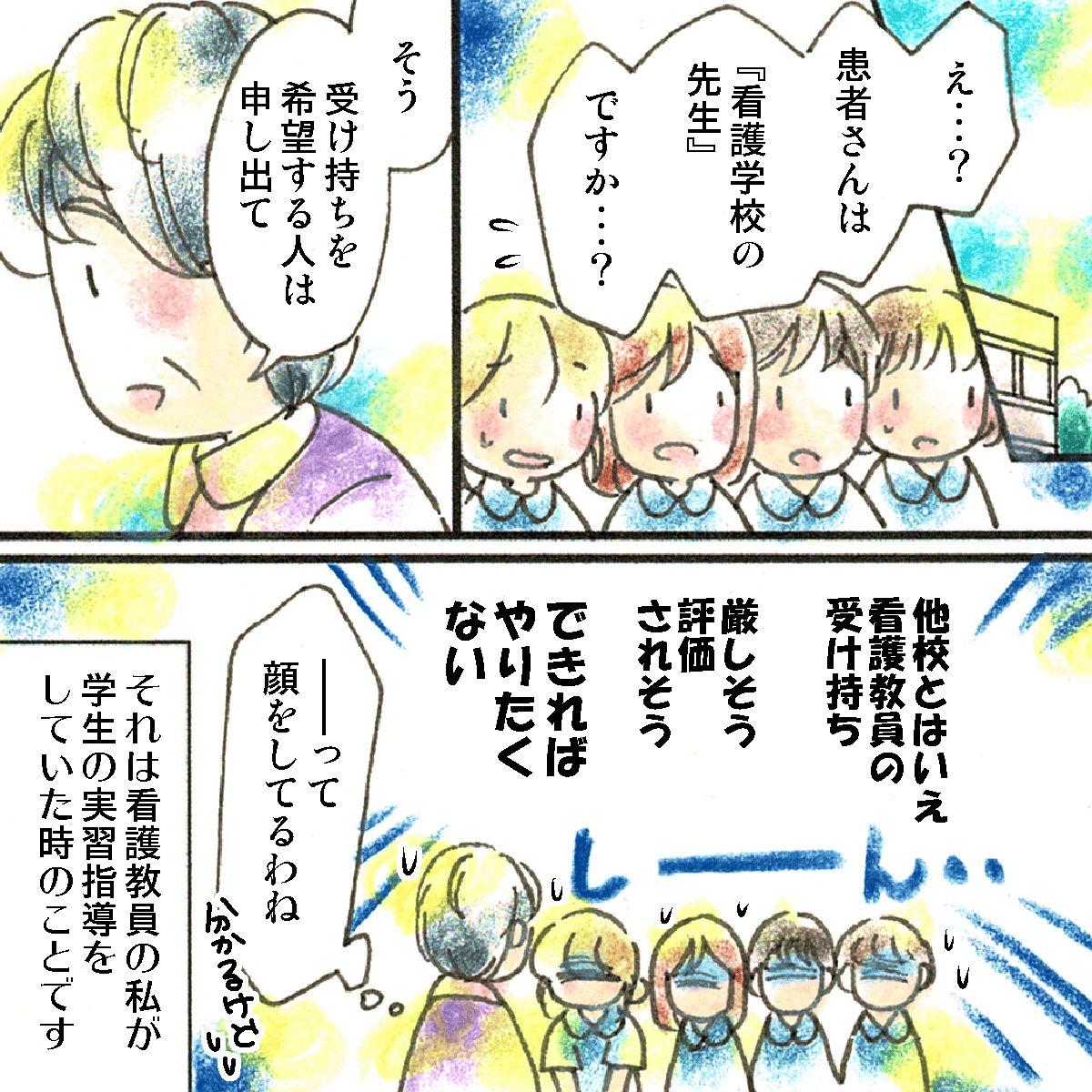 教員が学生に、患者は他校の教員であると伝え、受け持ちをしたい人は名乗り出るように伝えた